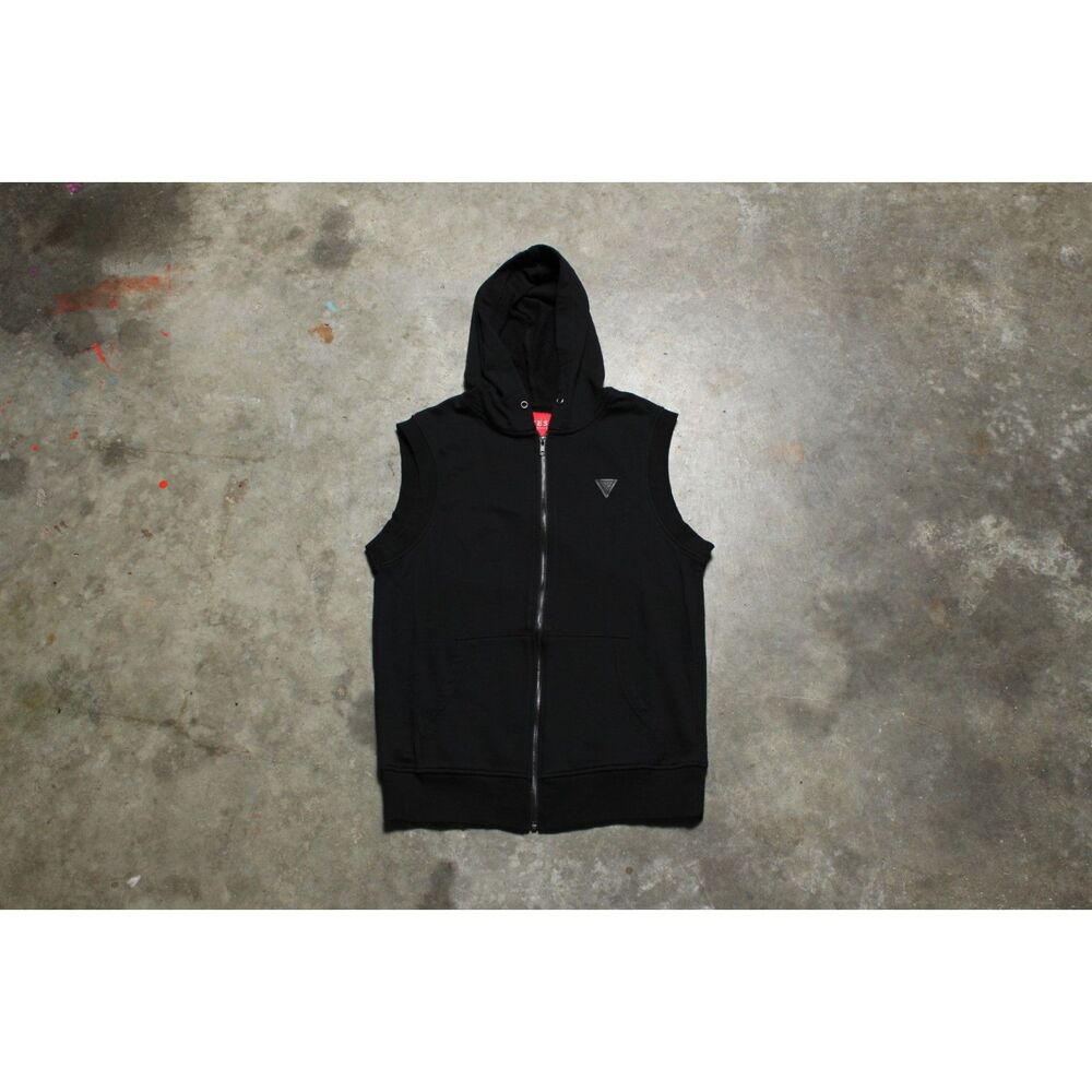 Vintage Y2K Guess Black Sleeveless Hooded Jacket Vest - Medium